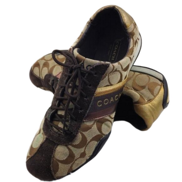 Coach Jayme Brown Suede Signature Canvas Metallic Detail Lace Up Sneaker - Picture 1 of 16